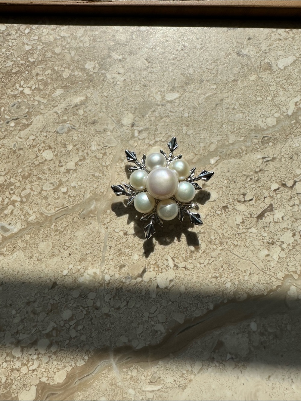 Elegant Snowflake Freshwater Pearl Pin | Platinum Tone Vintage Brooch